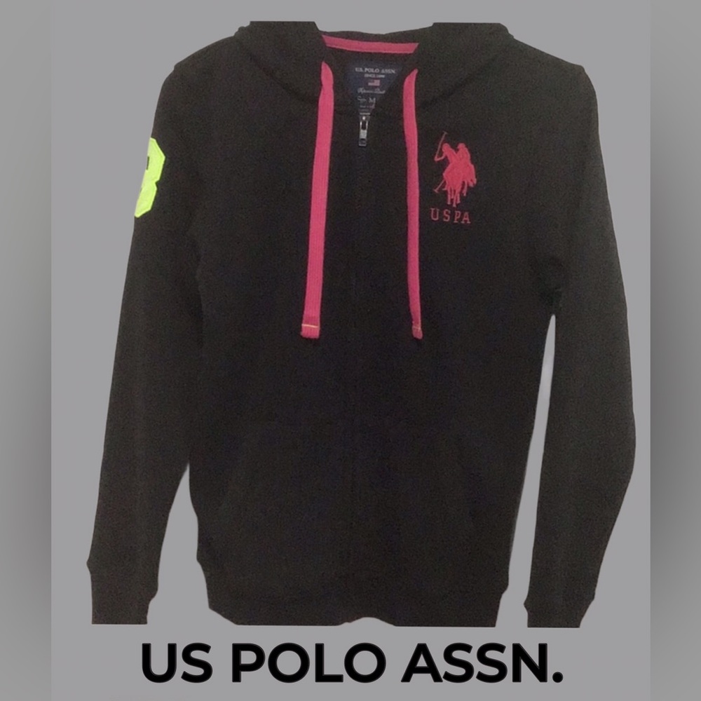 US POLO ASSN. Black Zip-Up Hoodie Sweatshirt w/Neon Accents, Size M Junior NWT